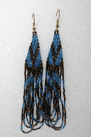 +MBA #S25-088   "Fancy Hand Beaded Blue,Copper & Gun Metal Glass Bead Earrings"