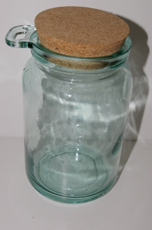 +MBA #S30-149   "1980's Large Green Glass Canister With Cork Top & Wooden Spoon"