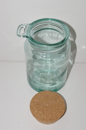 +MBA #S30-149   "1980's Large Green Glass Canister With Cork Top & Wooden Spoon"