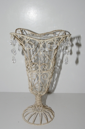 +MBA #S29-048   "Older Antiqued White Metal Vase With Acrylic Beads & Glass Insert"
