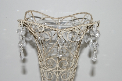 +MBA #S29-048   "Older Antiqued White Metal Vase With Acrylic Beads & Glass Insert"