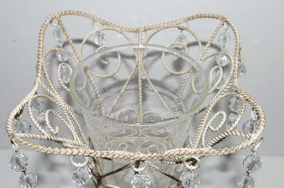 +MBA #S29-048   "Older Antiqued White Metal Vase With Acrylic Beads & Glass Insert"