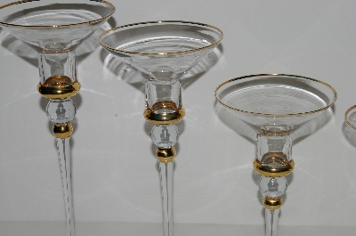 +MBA #S29-052    "1980's Set Of 4 Clear Glass & 14K Gold Trim Candlestick Holders"
