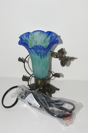 +MBA #S29-082   "2002  Blue/Green Glass Shade Butterfly Table Lamp"