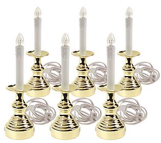 "SOLD"  MBA #S25-H51112   "Set Of 6 Brass Window Candles With MasterGlow"
