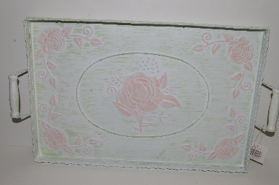 "SOLD"  MBA #S29-034  "Beautiful White & Pink Rose Large Metal Serving Tray"