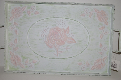 "SOLD"  MBA #S29-034  "Beautiful White & Pink Rose Large Metal Serving Tray"