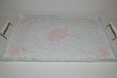 "SOLD"  MBA #S29-034  "Beautiful White & Pink Rose Large Metal Serving Tray"