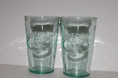 +MBA #S30-229   "2003 Riekes Spanish Green Glass Set Of 2 Cow Milk Glass's"