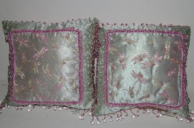 +MBA #S30-095   "2004  Set Of 2 Victorian Style Green & Pink Beaded Dragonfly Pillows"