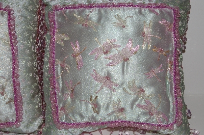 +MBA #S30-095   "2004  Set Of 2 Victorian Style Green & Pink Beaded Dragonfly Pillows"