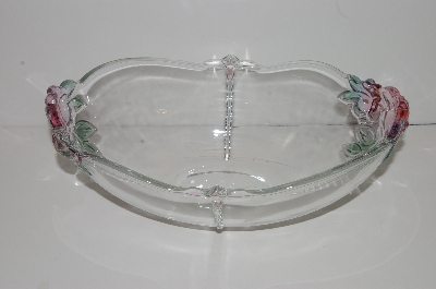 +MBA #S30-181   "2003 Clear Glass & Fancy Pink Embossed Roses Serving Bowl"