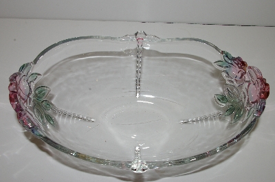+MBA #S30-181   "2003 Clear Glass & Fancy Pink Embossed Roses Serving Bowl"