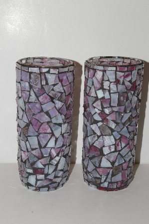 +MBA #S13-035  "Set Of 2 Confetti Pink Glass Mosiac Large Pillar Candle Holders"