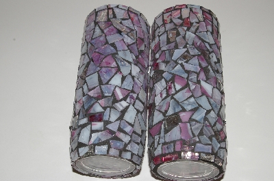 +MBA #S13-035  "Set Of 2 Confetti Pink Glass Mosiac Large Pillar Candle Holders"