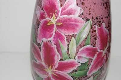 +MBA #S13-042   "1990's Hand Done Reverse Decopage Pink  Floral Vase"