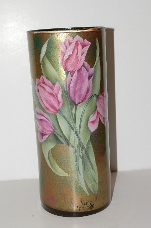 +MBA #S13-059    "1990's Hand Made Pink Floral Reverse Decopage Glass Large Vase"