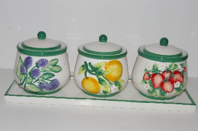 +MBA #S13-096   "2003 Set Of 3 Fruit Scented Candles In Hand Painted Ceramic Jars"