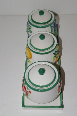 +MBA #S13-096   "2003 Set Of 3 Fruit Scented Candles In Hand Painted Ceramic Jars"