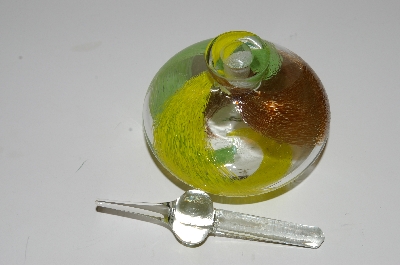 +MBA #S13-189   "Art Glass Yellow, Brown & Green Perfume Bottle With Glass Stopper"