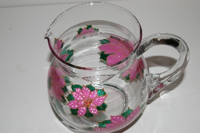 +MBA #S13-205   "1990's One Of A Kind Hand Painted Pink Poinsettia Glass Pitcher"