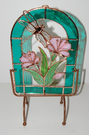 +MBA #S13-182  "2002 Beautiful 3D Stained Glass Flowers & Dragonfly Suncatcher With Stand"