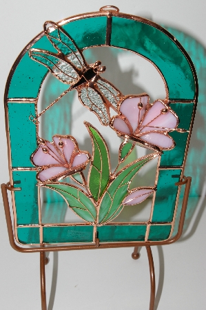 +MBA #S13-182  "2002 Beautiful 3D Stained Glass Flowers & Dragonfly Suncatcher With Stand"