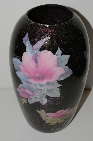 +MBA #S13-073   "One Of A Kind Pink Floral Hummingbird Reverse Decapage Glass Vase"