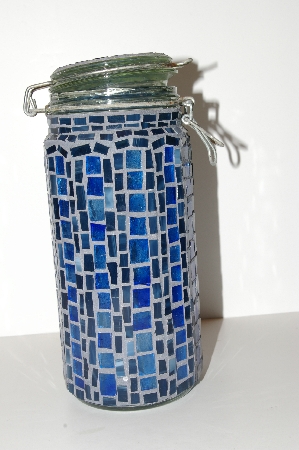 +MBA #S13-170   "Older Hand Made Blue Stained Glass Mosiac Canister Jar" 