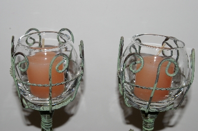 +MBA #S13-090  "1991 Set Of 2 Antiqued Green Metal & Rose Candle Holders"