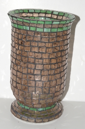 +MBA #S28-352   "Hand Made Pink & Green Stained Glass Mosiac Flower Vase"