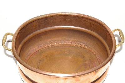 +MBA #S28-342    "Older Large Rustic Copper Pot With Brass Handles"