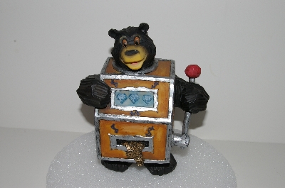 +MBA #S28-024   " 2005 Older Carved Resin Black Bear Slot Machine Bank"