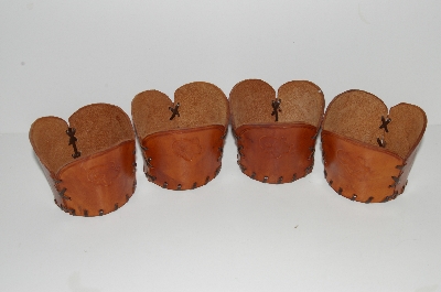 +MBA #S28- 233   "Set Of 4 Amber Glass Tumblers With Hand Tooled Leather Drink Holders"
