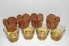 +MBA #S28- 233   "Set Of 4 Amber Glass Tumblers With Hand Tooled Leather Drink Holders"