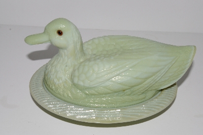 +MBA #S28-249   "1980 Green Milk Glass Duck Dish"