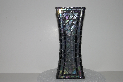 +MBA #S28-011  "Hand Made & One Of A Kind Purple & AB Clear Glass Mosiac Vase"