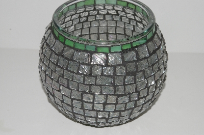 +MBA #S31-147   "Hand Made Fancy Clear AB & Green Stained Glass Mosiac Flower Bowl/Candle Holder"
