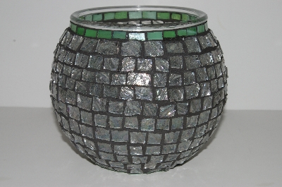 +MBA #S31-147   "Hand Made Fancy Clear AB & Green Stained Glass Mosiac Flower Bowl/Candle Holder"