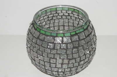 +MBA #S31-147   "Hand Made Fancy Clear AB & Green Stained Glass Mosiac Flower Bowl/Candle Holder"