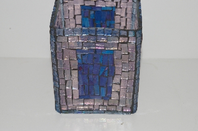 +MBA #S31-122   "Hand Made Pale Pink & Blue Stained Glass Square Mosiac Candle Holder"