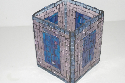 +MBA #S31-122   "Hand Made Pale Pink & Blue Stained Glass Square Mosiac Candle Holder"