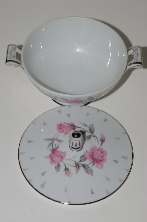 +MBA #S18-140     "Charmine By Sago Pink Roses & Platinum Trim Sugar Bowl With Lid"