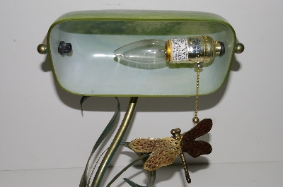 MBA #S19-056     "2003 Green Art Glass Banker Style Dragonfly Desk Lamp"