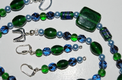 +MBA #B1-162  "Green & Blue Glass Bead Necklace & Earring Set"