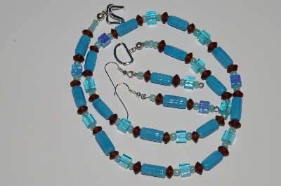 +MBA #B1-138  "Turquoise, Brown & Blue Glass Bead Necklace & Earring Set"