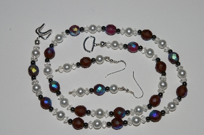 +MBA #B1-135  "Brown, Clear, White & Hemalyke Bead Necklace & Earring Set"