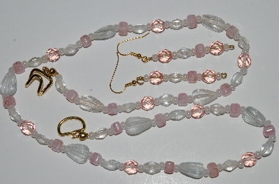 +MBA #B1-096   "Pink Crystal & Clear Glass Bead Necklace & Earring Set"