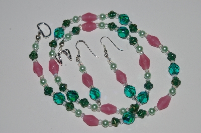 +MBA #B1-129   "Green & Pink Glass Bead & Crystal Necklace & Earring Set"