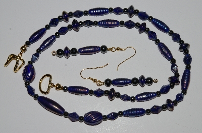 +MBA #B1-108   "Fancy Translucent Dark Blue Glass Bead & Hemalyke Bead Necklace & Earring Set"